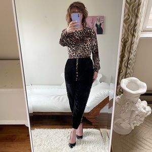 NWT CABLE GAUGE BLACK VELVET VELOUR  PANTS GOLD SEQUIN STRIPES CUFFS POCKETS